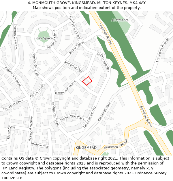 4, MONMOUTH GROVE, KINGSMEAD, MILTON KEYNES, MK4 4AY: Location map and indicative extent of plot