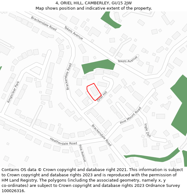 4, ORIEL HILL, CAMBERLEY, GU15 2JW: Location map and indicative extent of plot