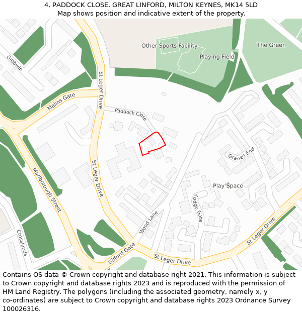 4, PADDOCK CLOSE, GREAT LINFORD, MILTON KEYNES, MK14 5LD: Location map and indicative extent of plot