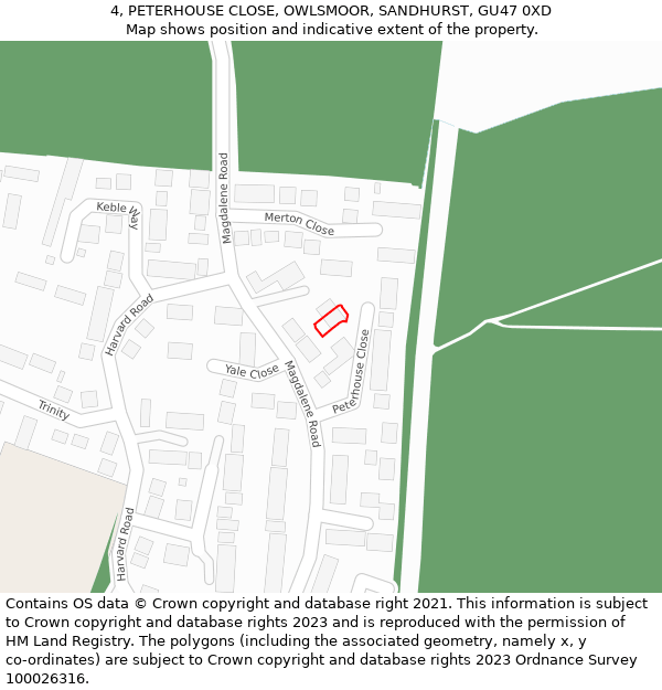 4, PETERHOUSE CLOSE, OWLSMOOR, SANDHURST, GU47 0XD: Location map and indicative extent of plot
