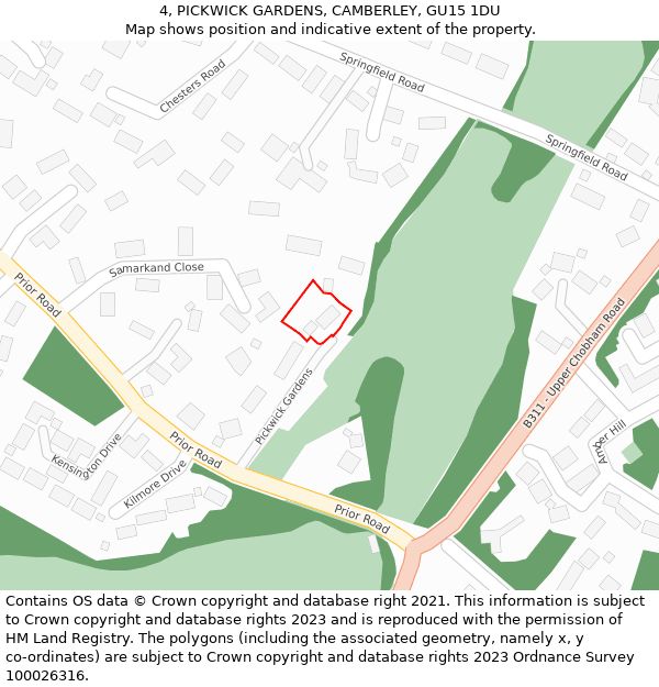 4, PICKWICK GARDENS, CAMBERLEY, GU15 1DU: Location map and indicative extent of plot