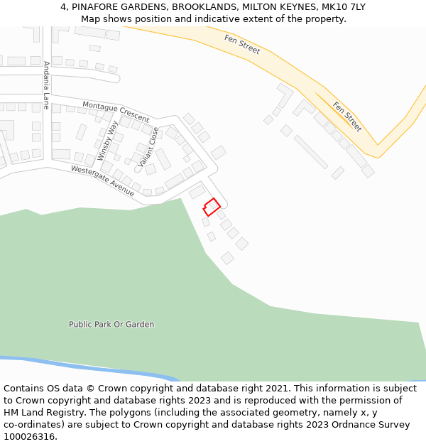 4, PINAFORE GARDENS, BROOKLANDS, MILTON KEYNES, MK10 7LY: Location map and indicative extent of plot
