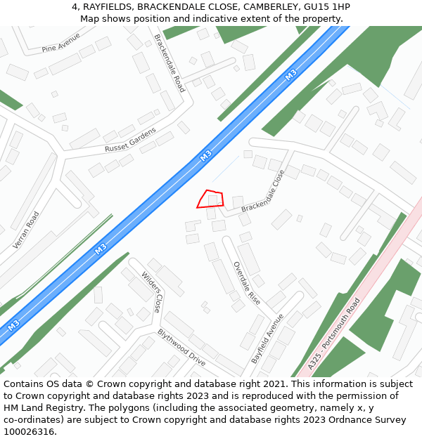 4, RAYFIELDS, BRACKENDALE CLOSE, CAMBERLEY, GU15 1HP: Location map and indicative extent of plot