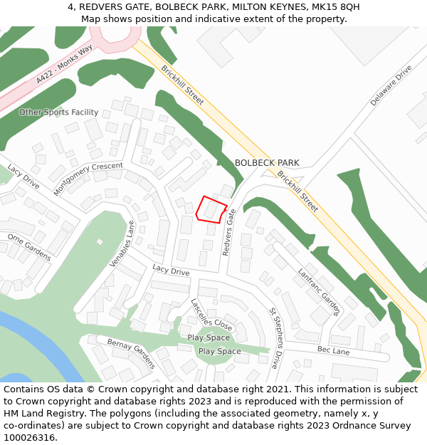 4, REDVERS GATE, BOLBECK PARK, MILTON KEYNES, MK15 8QH: Location map and indicative extent of plot