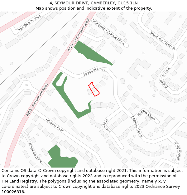 4, SEYMOUR DRIVE, CAMBERLEY, GU15 1LN: Location map and indicative extent of plot