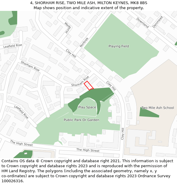 4, SHORHAM RISE, TWO MILE ASH, MILTON KEYNES, MK8 8BS: Location map and indicative extent of plot
