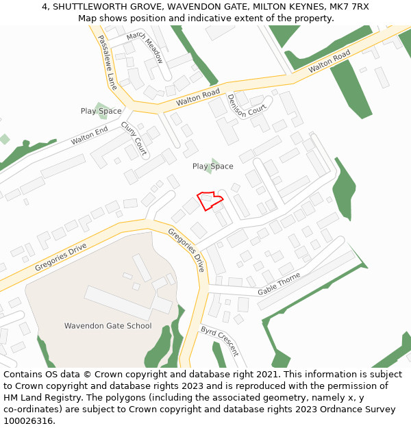 4, SHUTTLEWORTH GROVE, WAVENDON GATE, MILTON KEYNES, MK7 7RX: Location map and indicative extent of plot