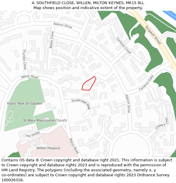 4, SOUTHFIELD CLOSE, WILLEN, MILTON KEYNES, MK15 9LL: Location map and indicative extent of plot