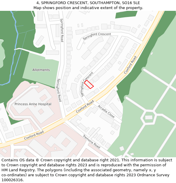 4, SPRINGFORD CRESCENT, SOUTHAMPTON, SO16 5LE: Location map and indicative extent of plot