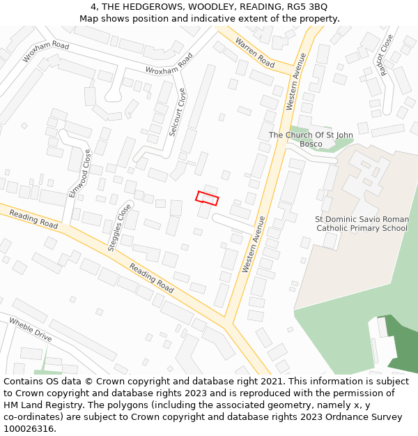 4, THE HEDGEROWS, WOODLEY, READING, RG5 3BQ: Location map and indicative extent of plot