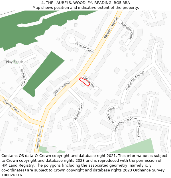 4, THE LAURELS, WOODLEY, READING, RG5 3BA: Location map and indicative extent of plot