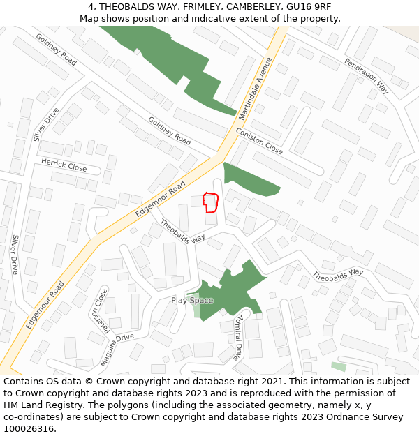 4, THEOBALDS WAY, FRIMLEY, CAMBERLEY, GU16 9RF: Location map and indicative extent of plot