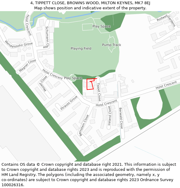 4, TIPPETT CLOSE, BROWNS WOOD, MILTON KEYNES, MK7 8EJ: Location map and indicative extent of plot