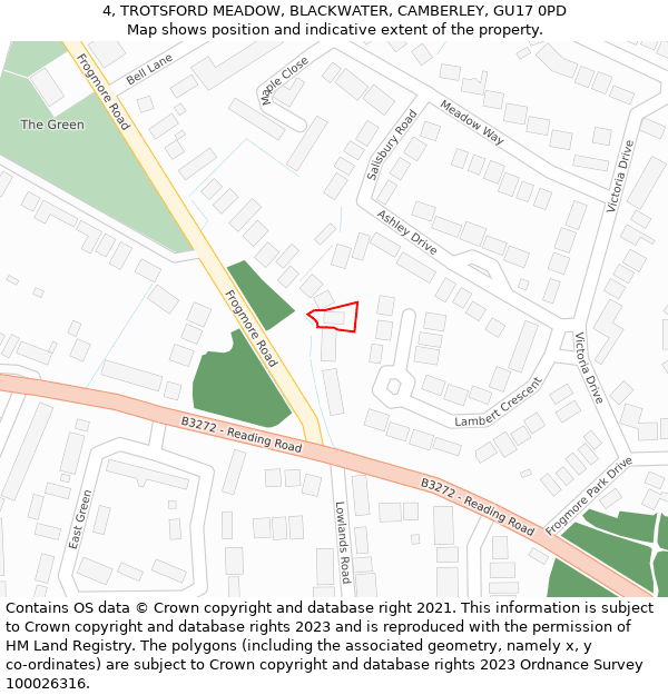 4, TROTSFORD MEADOW, BLACKWATER, CAMBERLEY, GU17 0PD: Location map and indicative extent of plot