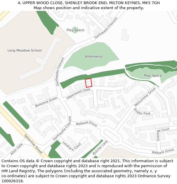 4, UPPER WOOD CLOSE, SHENLEY BROOK END, MILTON KEYNES, MK5 7GH: Location map and indicative extent of plot