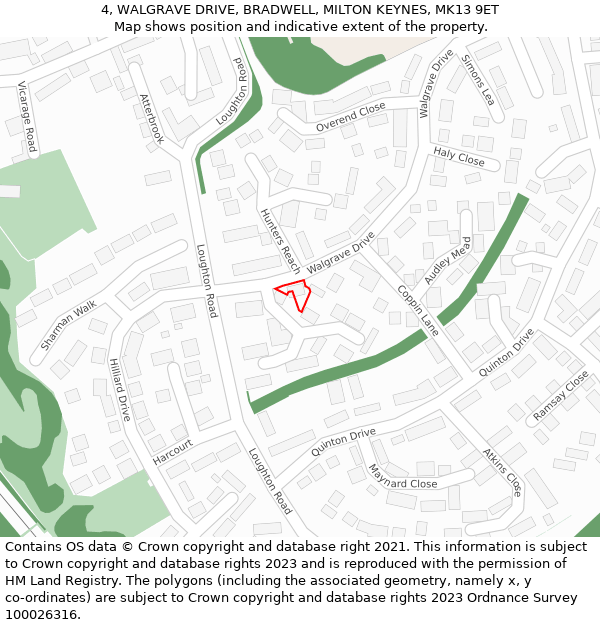 4, WALGRAVE DRIVE, BRADWELL, MILTON KEYNES, MK13 9ET: Location map and indicative extent of plot