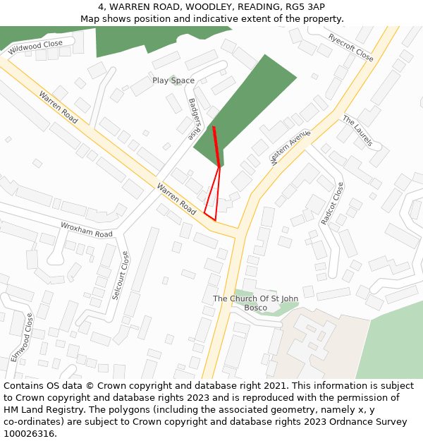 4, WARREN ROAD, WOODLEY, READING, RG5 3AP: Location map and indicative extent of plot