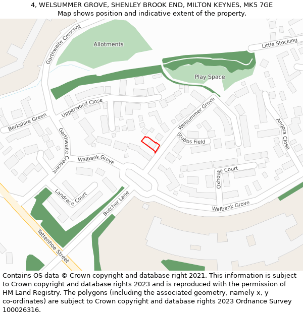 4, WELSUMMER GROVE, SHENLEY BROOK END, MILTON KEYNES, MK5 7GE: Location map and indicative extent of plot