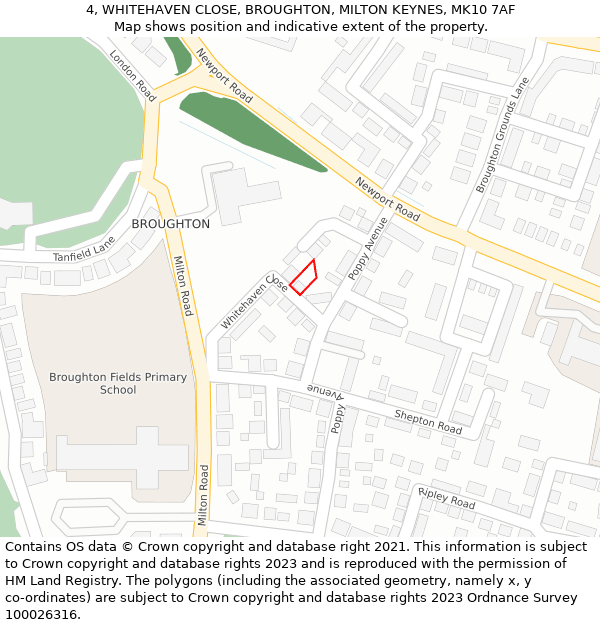 4, WHITEHAVEN CLOSE, BROUGHTON, MILTON KEYNES, MK10 7AF: Location map and indicative extent of plot