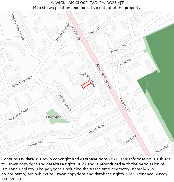 4, WICKHAM CLOSE, TADLEY, RG26 4JT: Location map and indicative extent of plot