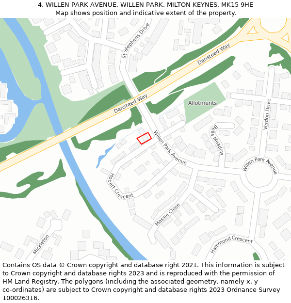 4, WILLEN PARK AVENUE, WILLEN PARK, MILTON KEYNES, MK15 9HE: Location map and indicative extent of plot