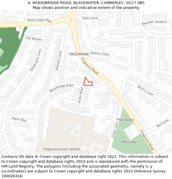 4, WOODBRIDGE ROAD, BLACKWATER, CAMBERLEY, GU17 0BS: Location map and indicative extent of plot