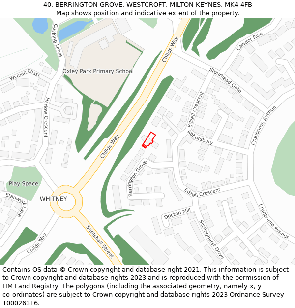 40, BERRINGTON GROVE, WESTCROFT, MILTON KEYNES, MK4 4FB: Location map and indicative extent of plot