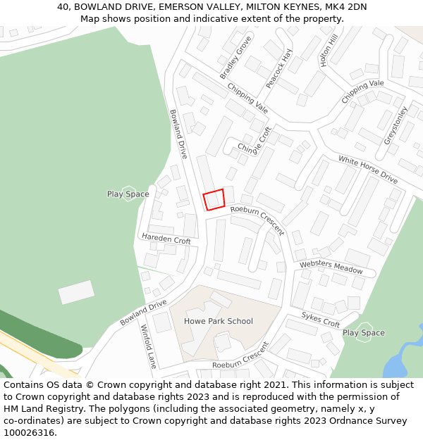 40, BOWLAND DRIVE, EMERSON VALLEY, MILTON KEYNES, MK4 2DN: Location map and indicative extent of plot