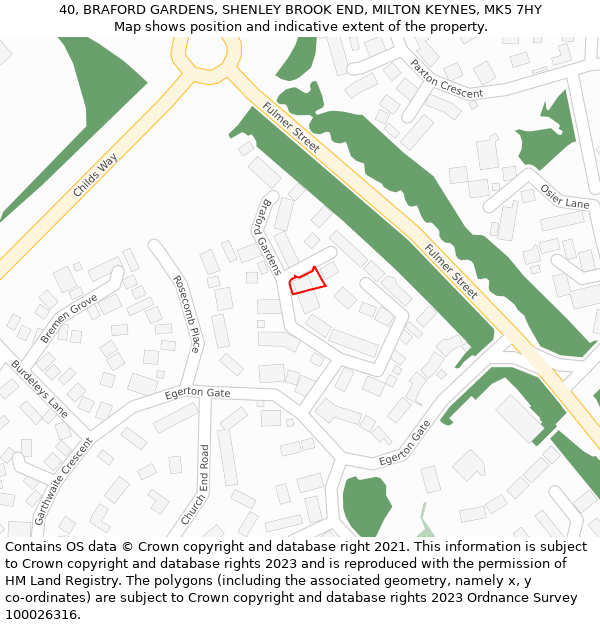 40, BRAFORD GARDENS, SHENLEY BROOK END, MILTON KEYNES, MK5 7HY: Location map and indicative extent of plot