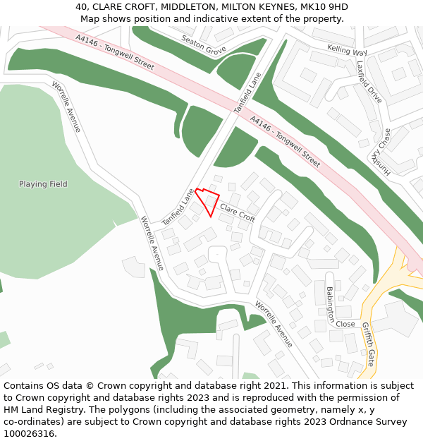 40, CLARE CROFT, MIDDLETON, MILTON KEYNES, MK10 9HD: Location map and indicative extent of plot