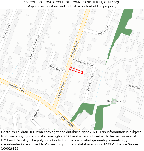 40, COLLEGE ROAD, COLLEGE TOWN, SANDHURST, GU47 0QU: Location map and indicative extent of plot