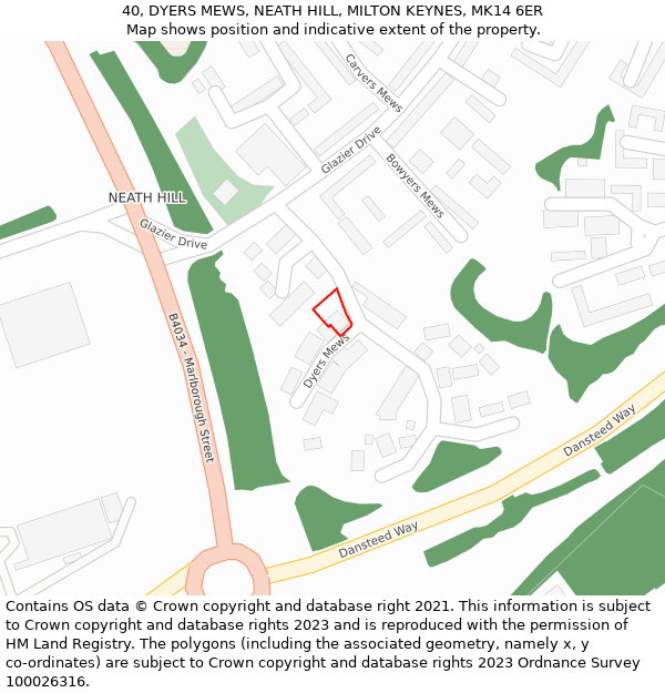 40, DYERS MEWS, NEATH HILL, MILTON KEYNES, MK14 6ER: Location map and indicative extent of plot