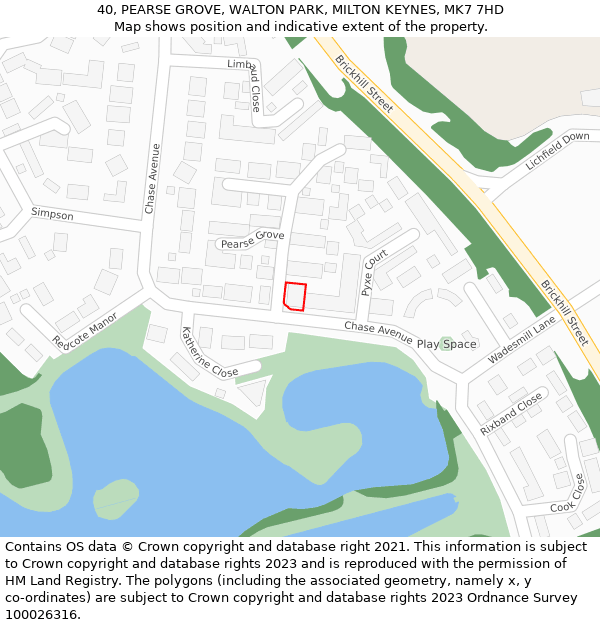 40, PEARSE GROVE, WALTON PARK, MILTON KEYNES, MK7 7HD: Location map and indicative extent of plot
