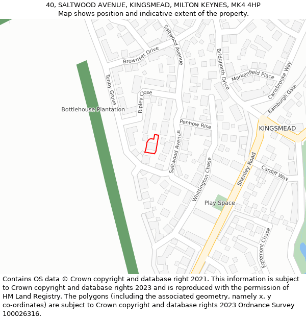 40, SALTWOOD AVENUE, KINGSMEAD, MILTON KEYNES, MK4 4HP: Location map and indicative extent of plot