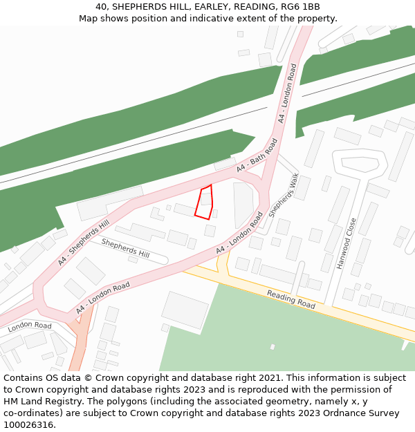 40, SHEPHERDS HILL, EARLEY, READING, RG6 1BB: Location map and indicative extent of plot