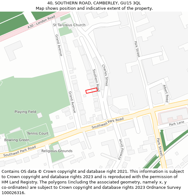 40, SOUTHERN ROAD, CAMBERLEY, GU15 3QL: Location map and indicative extent of plot