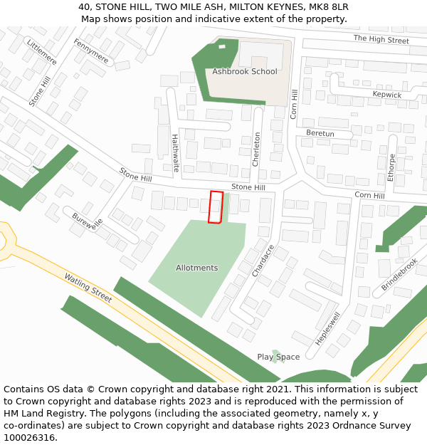 40, STONE HILL, TWO MILE ASH, MILTON KEYNES, MK8 8LR: Location map and indicative extent of plot