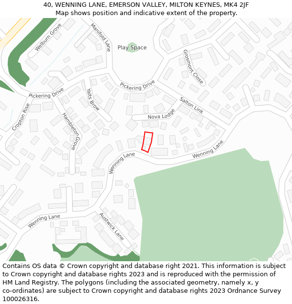 40, WENNING LANE, EMERSON VALLEY, MILTON KEYNES, MK4 2JF: Location map and indicative extent of plot