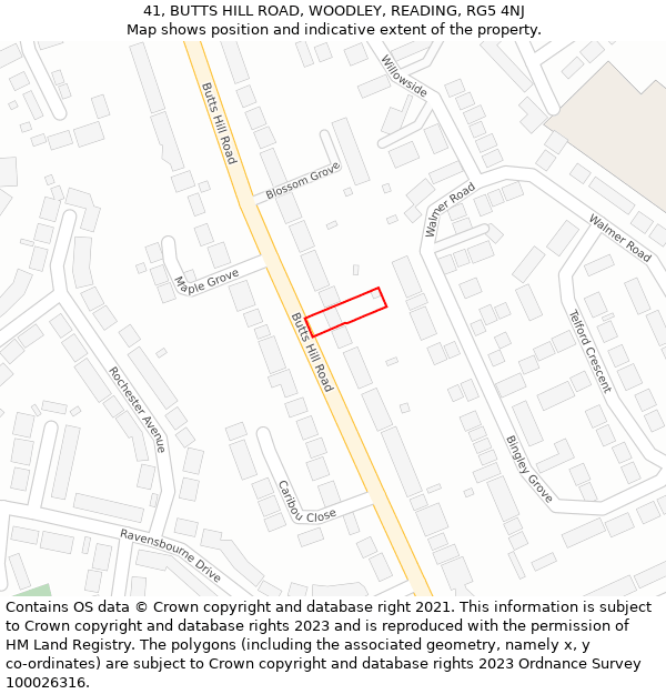 41, BUTTS HILL ROAD, WOODLEY, READING, RG5 4NJ: Location map and indicative extent of plot