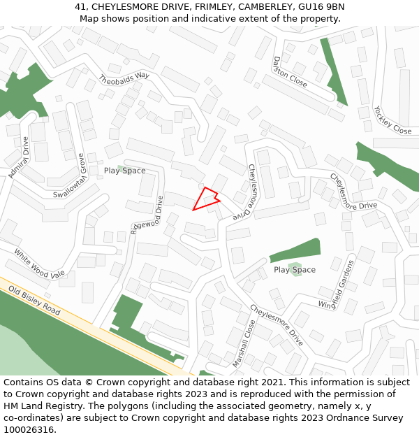 41, CHEYLESMORE DRIVE, FRIMLEY, CAMBERLEY, GU16 9BN: Location map and indicative extent of plot