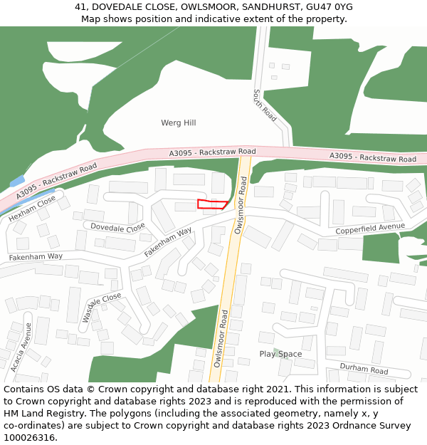 41, DOVEDALE CLOSE, OWLSMOOR, SANDHURST, GU47 0YG: Location map and indicative extent of plot