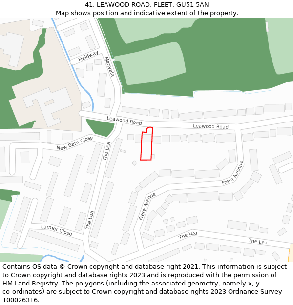 41, LEAWOOD ROAD, FLEET, GU51 5AN: Location map and indicative extent of plot