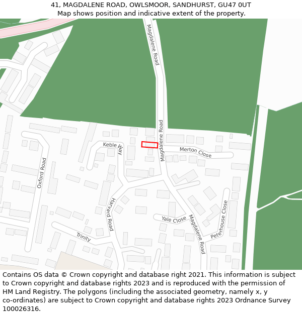41, MAGDALENE ROAD, OWLSMOOR, SANDHURST, GU47 0UT: Location map and indicative extent of plot