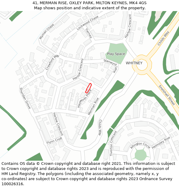 41, MERMAN RISE, OXLEY PARK, MILTON KEYNES, MK4 4GS: Location map and indicative extent of plot