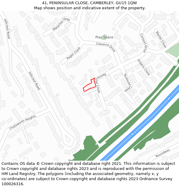 41, PENINSULAR CLOSE, CAMBERLEY, GU15 1QW: Location map and indicative extent of plot