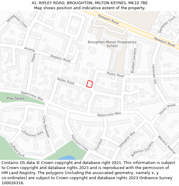 41, RIPLEY ROAD, BROUGHTON, MILTON KEYNES, MK10 7BE: Location map and indicative extent of plot
