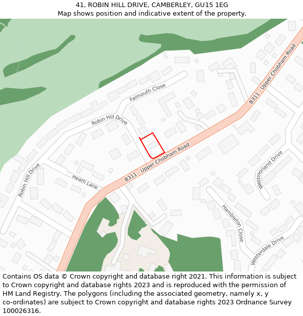 41, ROBIN HILL DRIVE, CAMBERLEY, GU15 1EG: Location map and indicative extent of plot