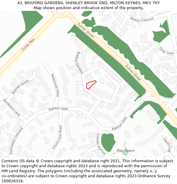 42, BRAFORD GARDENS, SHENLEY BROOK END, MILTON KEYNES, MK5 7HY: Location map and indicative extent of plot