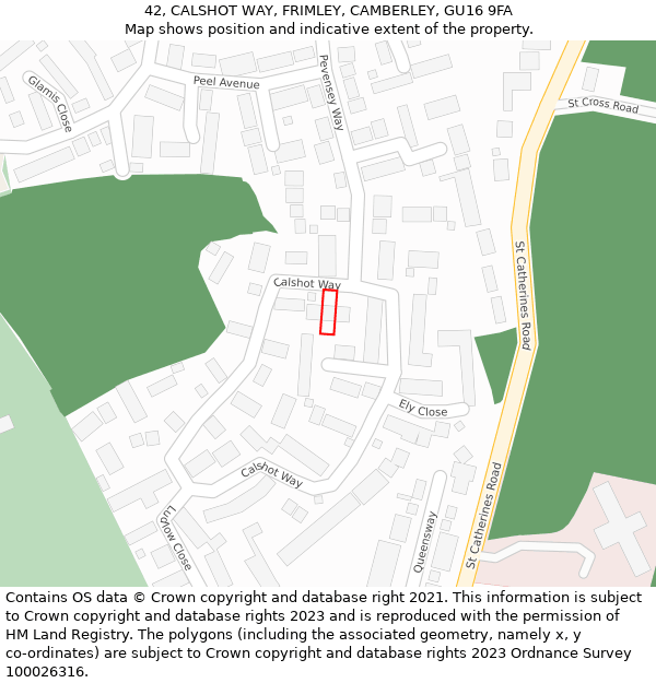 42, CALSHOT WAY, FRIMLEY, CAMBERLEY, GU16 9FA: Location map and indicative extent of plot
