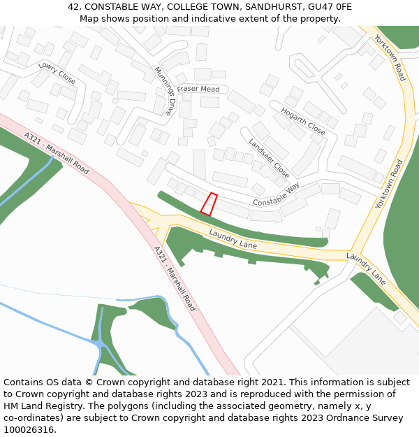 42, CONSTABLE WAY, COLLEGE TOWN, SANDHURST, GU47 0FE: Location map and indicative extent of plot